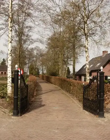 Toegang tot de gemeentelijke begraafplaats in Nijkerkerveen, met een groene oprijlaan, berkenbomen en een karakteristiek toegangshek.