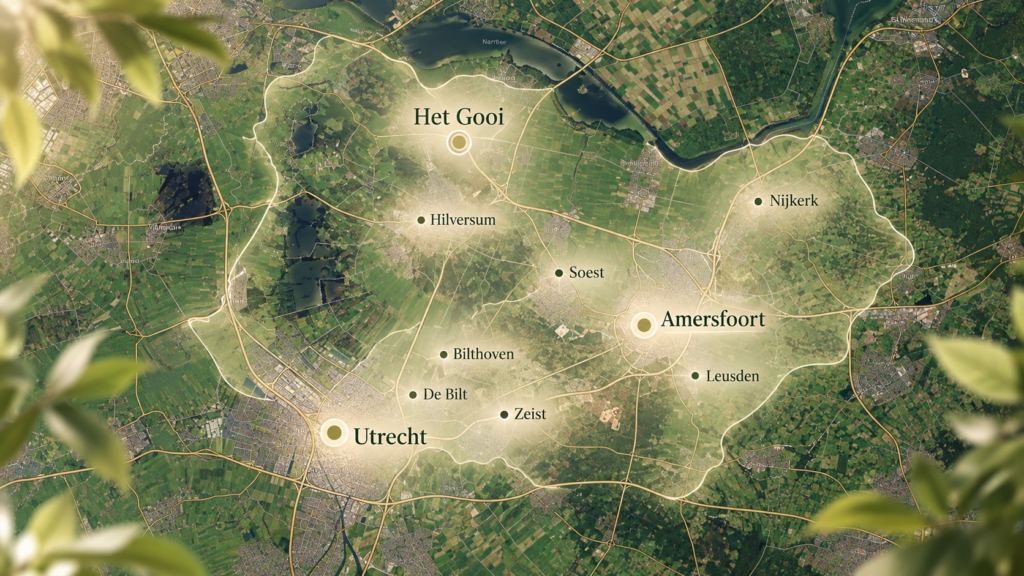 Illustratieve kaart van het werkgebied van Huiting Uitvaartverzorging, met Amersfoort, Utrecht, het Gooi, Bilthoven, Soest en Zeist. Kopiëren